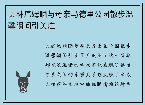 贝林厄姆晒与母亲马德里公园散步温馨瞬间引关注